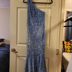 One-Shoulder Blue Velvet Sequin Dress